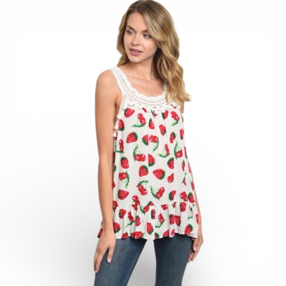 Entro Strawberry Cherry Fruit Print Crochet Lace Pom Pom Trim Tank Top White M‎